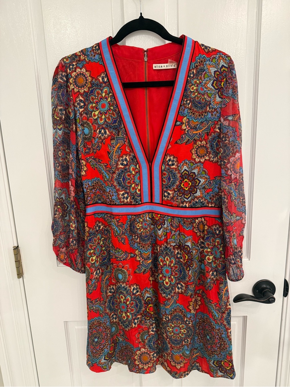 Alice + Olivia Red Paisley V-Neck Mini Dress